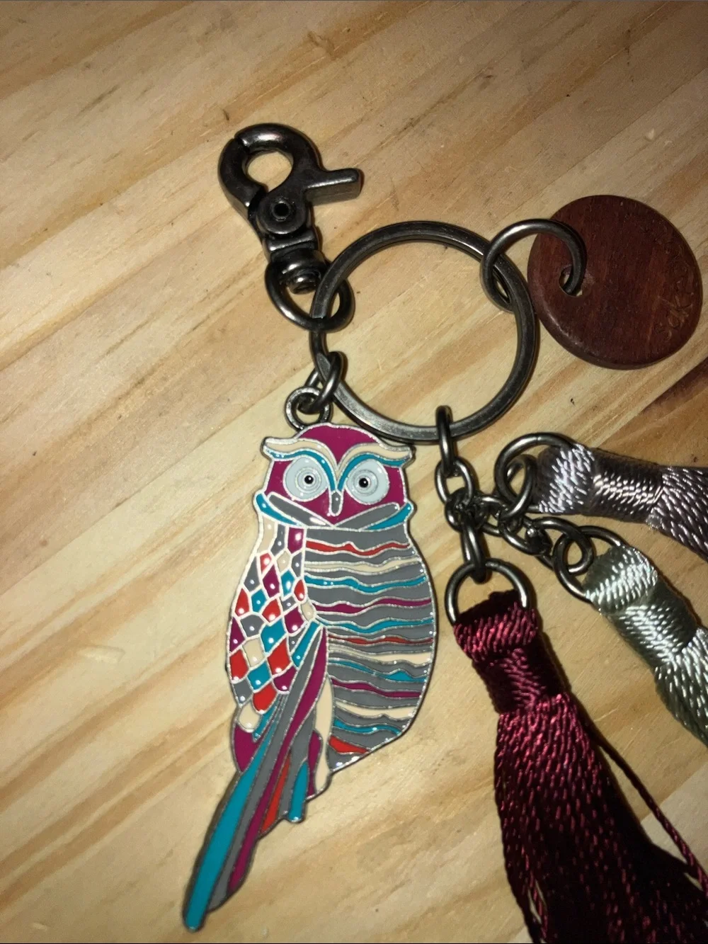 Sakroots Multicolor Owl Keychain with Tassels